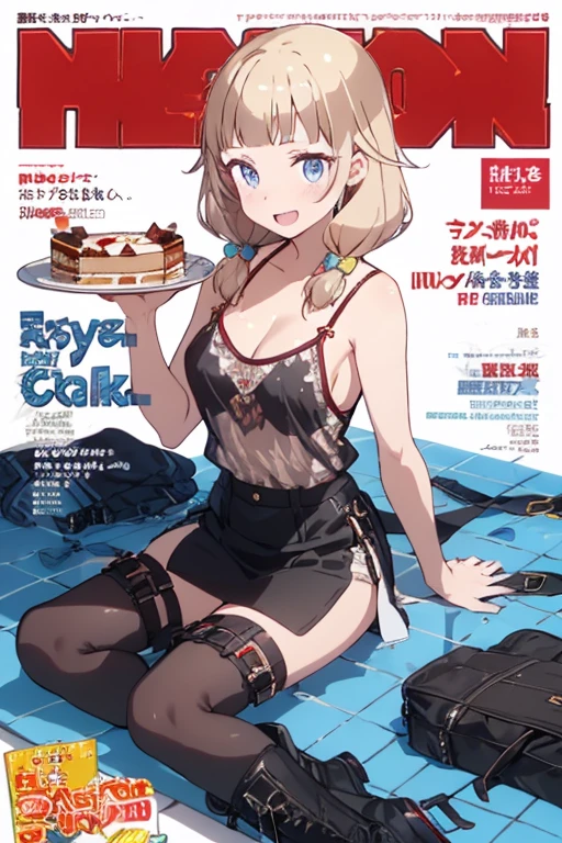 (small breasts:1.2), (perky chest:1.2), (pointed chest:1.2), (Pudding cake magazine cover:1.3),(from above:1.0),(shoot from the side:1.1),masterpiece, 1girl, Amazing Cleavage:1.1, thin waist, optimum,tmasterpiece,hight resolution,best qualtiy,hyper HD,super detailing,awardwinning,a 18yo cute girl,(The upper part of the body),anatomy correct,Beautiful Black miniskirt,garters,Gaze,Small face,bangss,holster,Beautuful Women,hands up,leg holster,Gaze,black boots,Cowboy Shot,cute face,a blond,Longhaire,Twin-tailed,Braids, Hairline,(scarlet eyes),long eyelasher,Hanging eye corners,White skin of the, ((see through camisole:1.1)), ((Sheer nipples:1.0)),Rocket Tits,(Slim body),smile,seductive weak smiling,(with sparkling eyes and a contagious smile),little open mouth, Looking at Viewer,