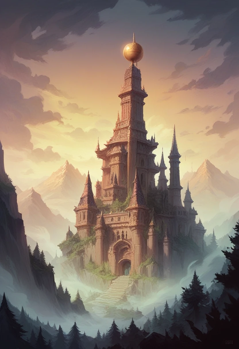 a man in front of mosque building, hight tower, golden dome, epic, fog, dawn, dramatic lighting, dim light, mountain, forest, cliff, architecture, hyperealistic, realistic, 32k, masterpiece, best quality