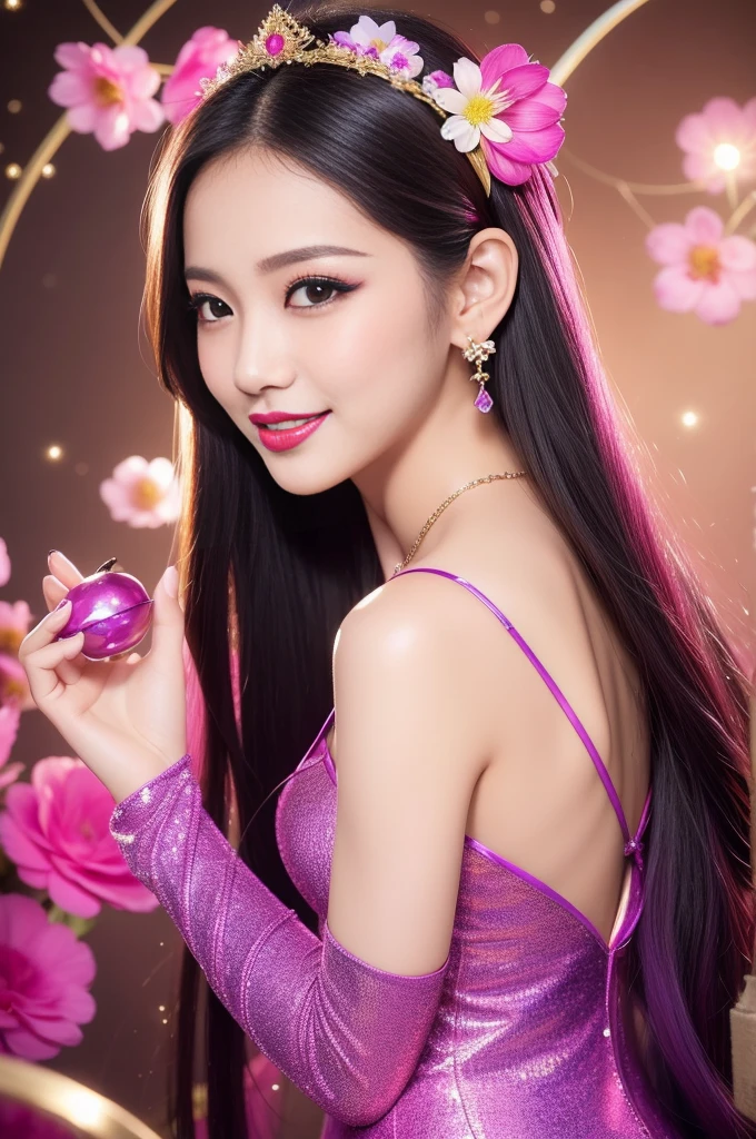 sexy Thai model who controls poison、beautiful smile、lip-gloss、bold lipstick、long lashes、drama makeup、look at the camera、full body Esbian、、sparkling poisoned flower costume、、、、sparkling Colorful hair、secrete poison、skull hair accessories、sexy tights、shiny sparkling flowers background