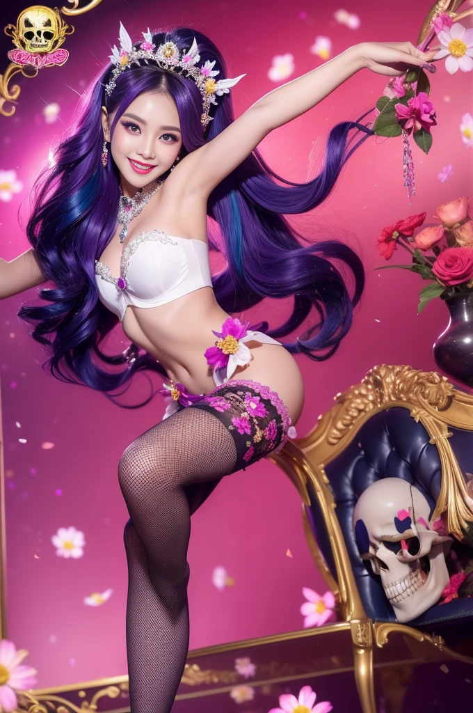 sexy Thai model who controls poison、beautiful smile、lip-gloss、bold lipstick、long lashes、drama makeup、look at the camera、full body Esbian、、sparkling poisoned flower costume、、、、sparkling Colorful hair、secrete poison、skull hair accessories、sexy tights、shiny sparkling flowers background