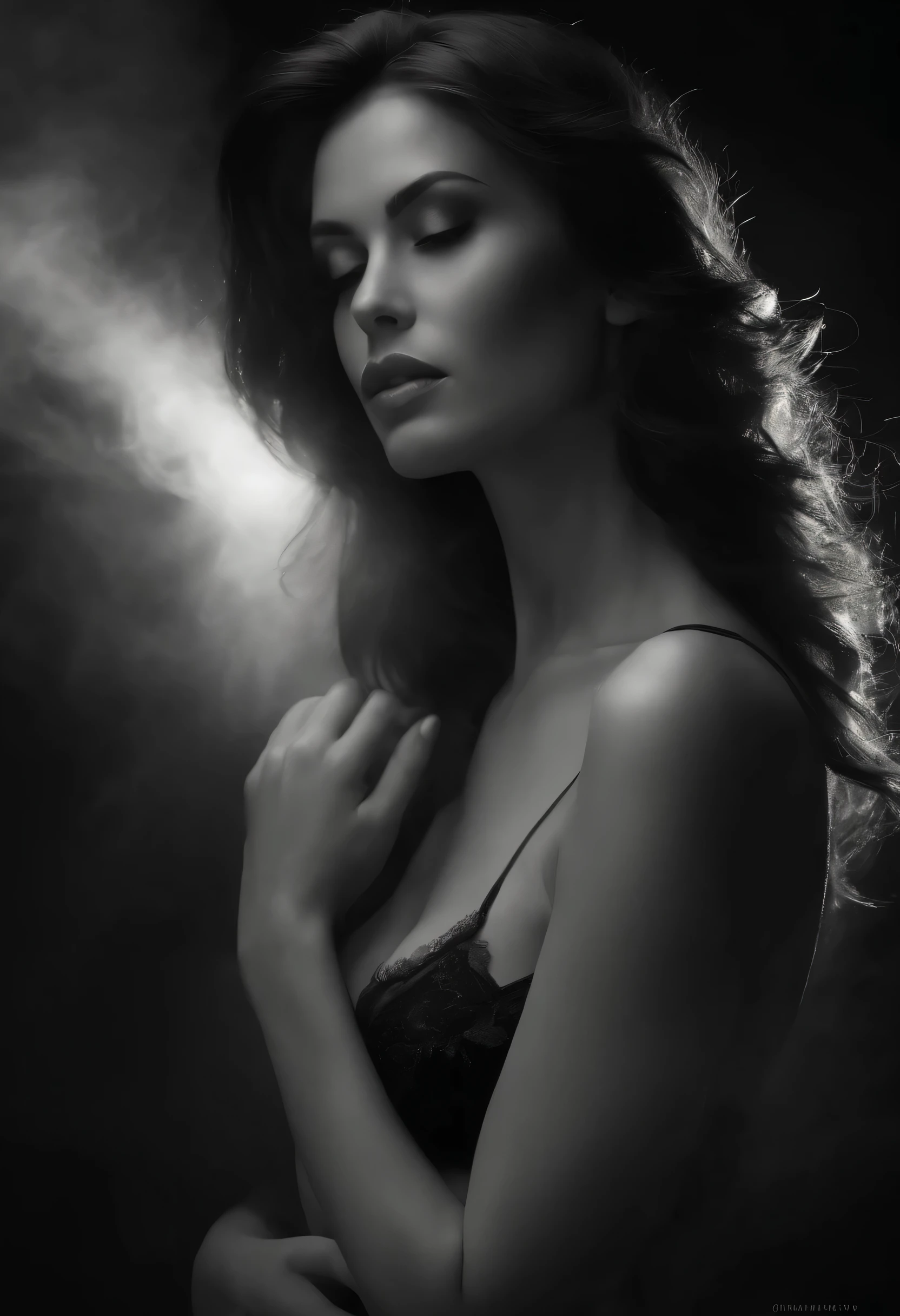 high resolution,(best qualityer,photorrealistic:1.37),black andwhite,woman sexy,Long flowing hair,black lingerie,night light,mysterious fog