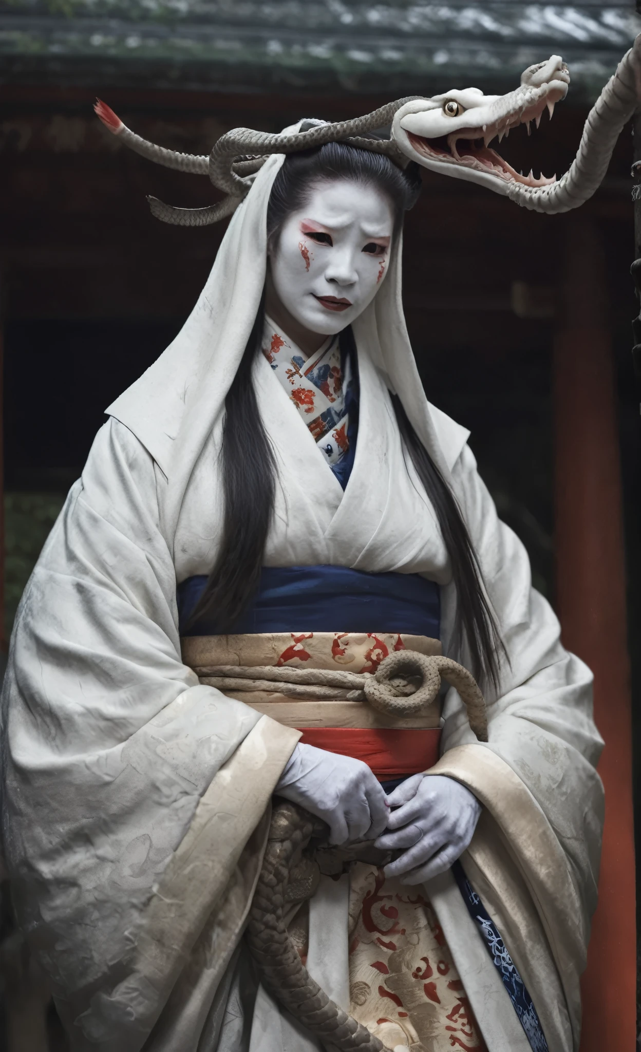 woman,White Face,kimono,A large white snake was coiled around his body.,Inside the shrine,Dim atmosphere,Realistic photos、