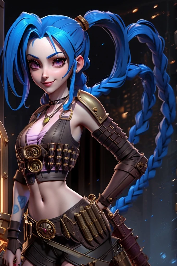 close up 1girl in, Jinx, league of legends, teenager, Solo, long ponytails, blue hair, super long blue hair, pale skin, full medium breasts, cleavage, runners body, (thin hips, thin waist: 1.25), (arched back:1.12), detailed skin, neutral face, mischievous smile, revealing clothes, (wearing cropped chest armor, armored short shorts, armored boots: 1.1), (detailed steampunk city background:1.1), dark rooftop, overlooking apocalyptic city, 4k textures, soft light, elegant, highly detailed, sharp focus, soothing tones, insane details, intricate details, hyperdetailed, low contrast, exposure blend, hdr, faded