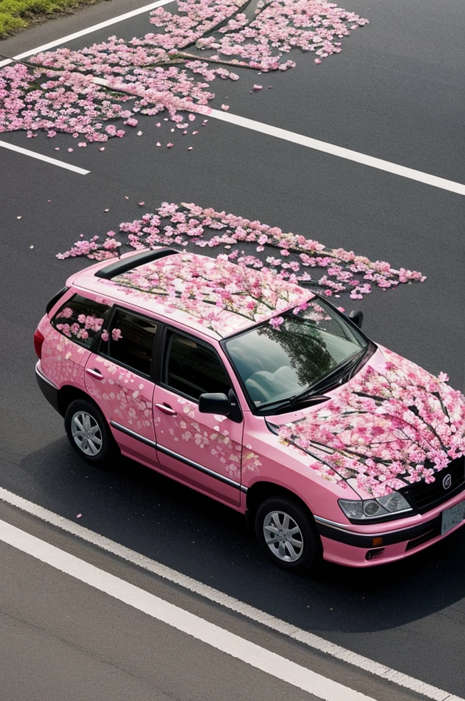 Create a Japanese car on a road strewn with pink petals