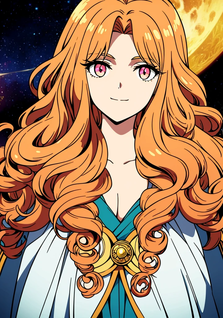 (high-quality, breathtaking),(expressive eyes, perfect face) 1female, female, solo, elderly adult, long length hair, pale light orange hair color, multicolored hair, white hair streaks, glowing hair, white strands in hair, unkept hair, pink eyes, positive expression, soft smile, cloak, shirt, fantasy mage clothing, adventurers attire, Venus, Venus Roman God of Love and Passion, space background, portrait, upper body, magic, elegant, stylized hairstyle, gorgeous flowy curly hair, grandmother vibe, age 70's, Greek Clothing
