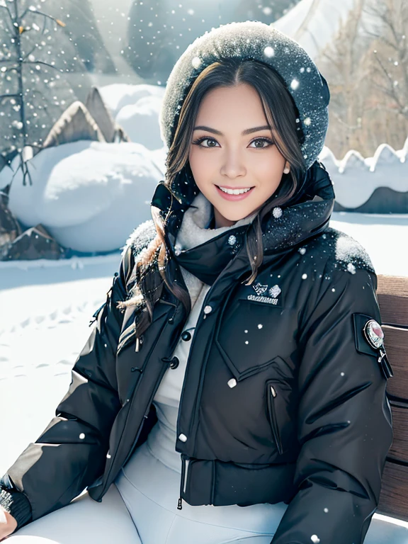((1 girl, 19 years old,Shiny skin,Sexy Pose,Best Quality,Ultra-high realistic image quality,realisitic,(with sparkling eyes and a contagious smile), alone, long wavy bionde hair, Hair blown by the wind, bionde, (dark blue eyes), big breasts, full body shot, (rough skin, skin pores:1.1))), imperfect skin, I get goosebumps, in the city park, wooden bench, (snow mountain: 1.8), (very detailed8K wallpaper), soft lighting, high quality, film grain, Fujifilm XT3 Sharp Focus, F2.6, 135mm, high detail, sharp focus,(Natural light), (fascinating), realistic, ultra realistic, photo-realistic, crazy details, intricate details, very detailed, (she is wearing a black winter jacket: 1.5), fuzzy jacket lining, (wearing a scarf & white leggings: 1.1)