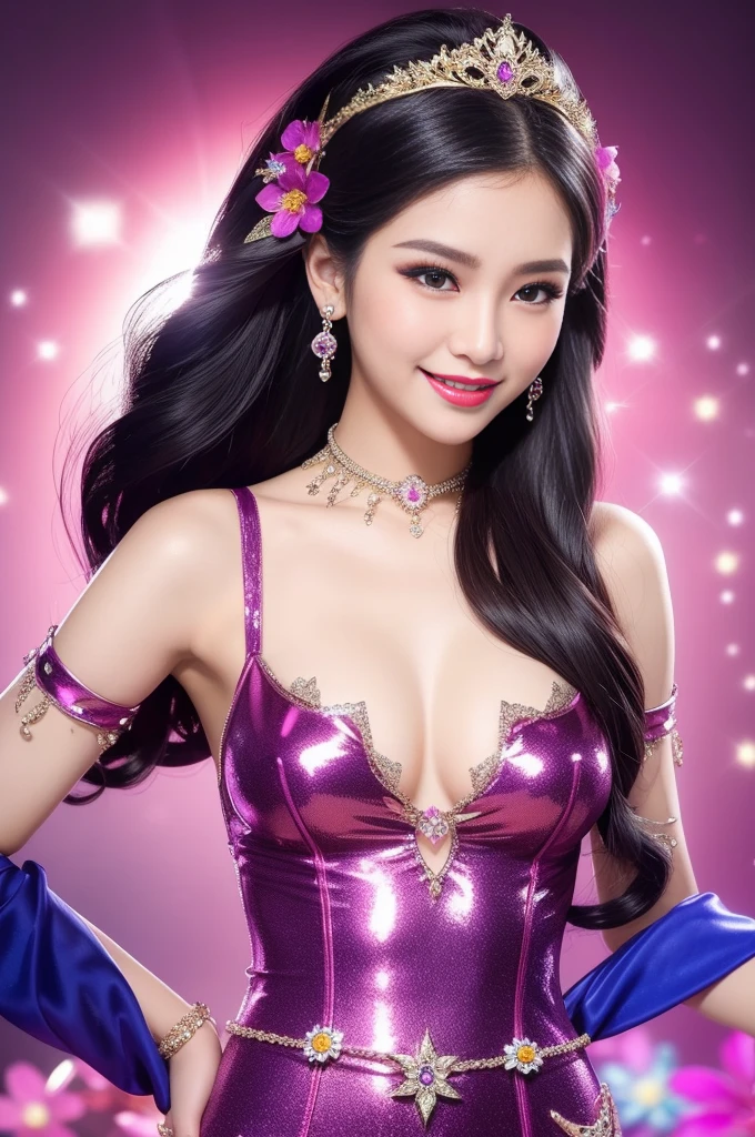 y Thai model who controls poison、beautiful smile、lip-gloss、bold lipstick、long lashes、ultra detailed makeup、look at the camera、full body Esbian、、sparkling poisoned flower costume、、、、sparkling Colorful hair、secrete poison、skull hair accessories、sexights、shiny sparkling flowers background