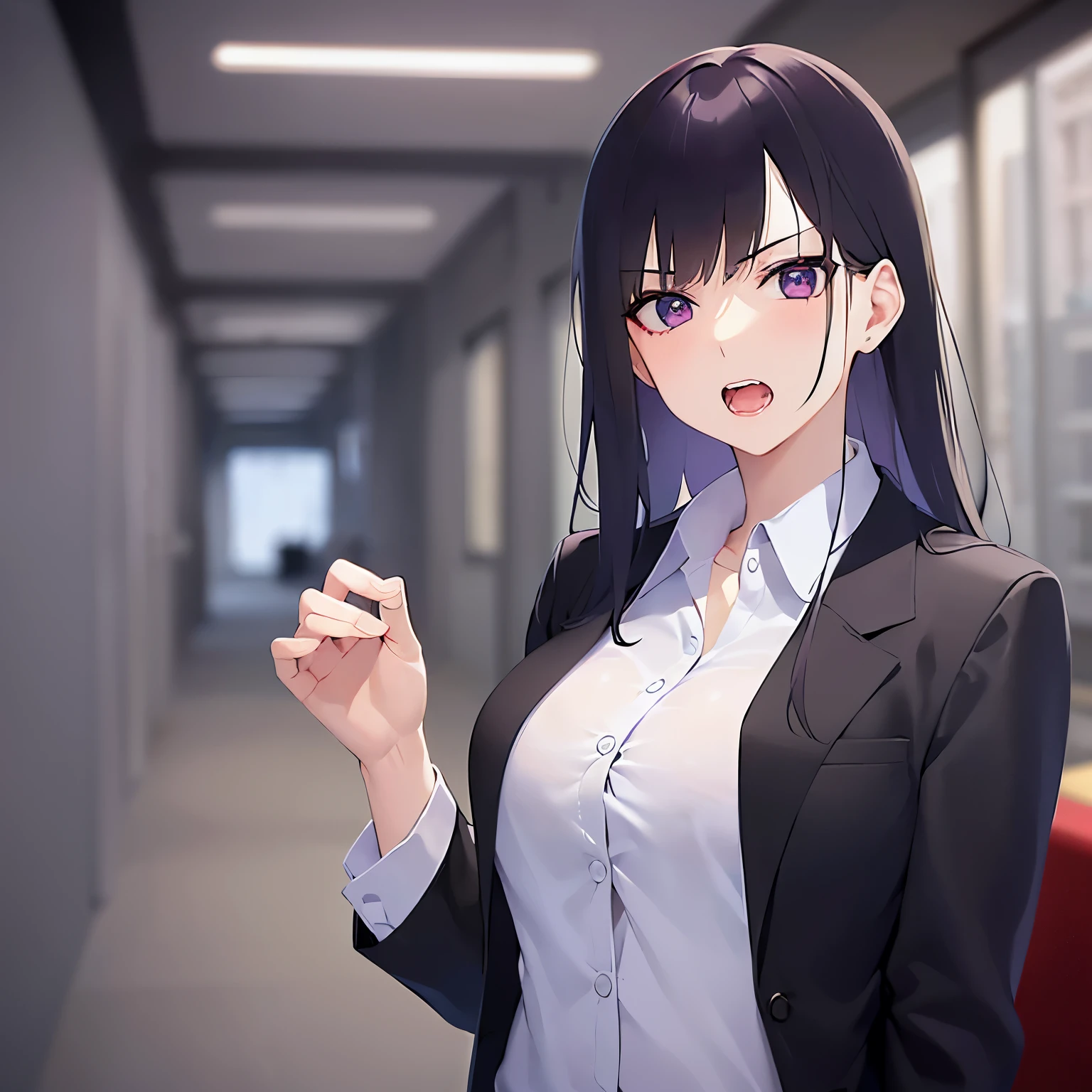 look back, Realistic, real person, (pale skin: 1.2), RAW photo, photorealistic, shiny skin, shiny hair、(A 25-year-old woman with straight hair and bangs) and (medium hair) and (black hair) and (purple eyes) , (business suit:1.5) and (white collared shirt)、(angry:1.5), open mouth, The background is a company corridor、Alone、