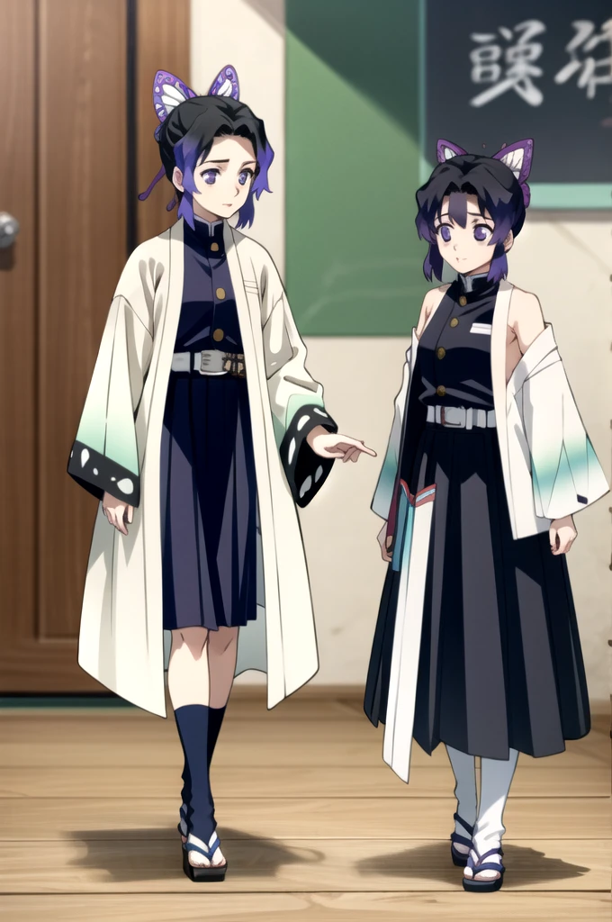 EFT_Shinobu, 1girl, kochou shinobu, demon slayer uniform, butterfly hair ornament, solo, hair ornament, purple hair, multicolored hair, purple eyes, black hair, japanese clothes, gradient hair, belt, short hair, sheath, long sleeves, empty eyes, parted bangs, jacket, no pupils, bangs, white belt, blurry background, indoors, full body, blurry. standing, hands down, crop top, bare shoulder, (no haori)