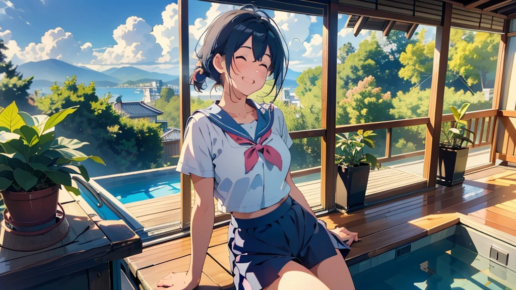 masterpiece,best quality, ultra high res,(beautiful girl:1.4), (beautiful Busty breasts:1), (happy:1.2), (enjoy:1.2), (dark hair:1), (short low ponytail:1.2), medium hair,a sexy mole around the mouth,wet lip, (burst into laughter:1.4), (squinting:1.4), (simple plain uniform:1.5),(gym uniform:1), school gym clothes, (plain:1.8),(wearing round neck white t-shirt:1.2), navy blue short Sweatpants , upper body shot, ((In a large empty pool)), Pool cleaning, (clean), low angle from below, An old anime school girl character sitting sitting in the terasse of an old japanese house, relaxing at the view of her garden. summer vibes. The colors are soft and pastel, with soft lighting and a nostalgic ambiance, Lo-Fi, , cute girl, side view