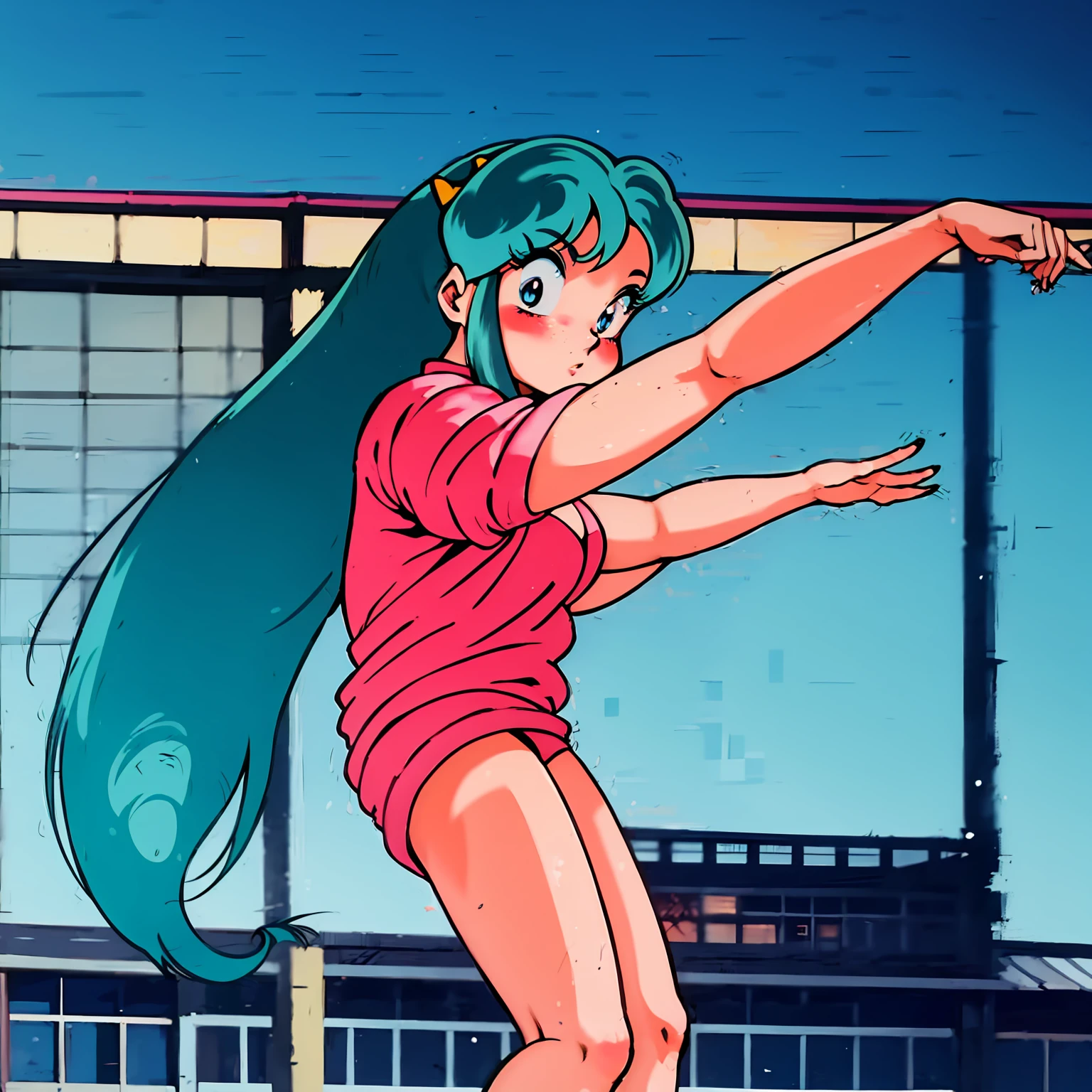 (score_9, score_8_up, score_7_up), lum, solo, long hair, bangs, blue hair, blue eyes, aqua hair, horns, eyeshadow, large breasts, looking at viewer, blush, (masterpiece), 1girl, solo, perfect sexy female body, (sexy and seductive pose:1.3), street, outdoors, standing, from side, field, night, full moon, leaning on object, coral sweater, sweatpants, sad, kanedabike,bigscooter, EPTakeuchiNaokoStyle, 1990s \(style\), anime screencap, retro artstyle, anime coloring, traditional media