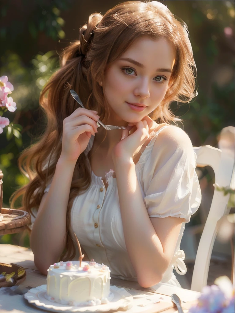 There is a woman with big breasts sitting at a table with a cake and a spoon in her hand, long hair tied in a ponytail, white cottagecore vintage dress, beautiful character painting, cute detailed digital art, photorealistic disney, disney art style, realistic painting cute girl, Beautiful digital artwork, beautiful digital illustration, disney art style, beautiful anime girl, realistic disney photo, adorable digital painting, disney character, beautiful animated portrait, Beautiful anime woman, anime princess