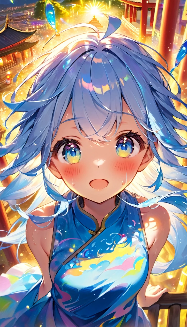 masterpiece, best quality, extremely detailed, (illustration, official art:1.1), 1 girl ,(((( light blue long hair)))), ,(((( light blue long hair)))),light blue hair, long hair ((blush)) , cute face, big eyes, masterpiece, best quality,(((((a very delicate and beautiful girl,))))),Amazing,beautiful detailed eyes,blunt bangs、((((little delicate girl)))),tareme(true beautiful:1.2), sense of depth,dynamic angle, ,flat chest, Tanabata、Strip、Bamboo leaf、Stripに願いをこめて、Stripを持っている、Grilling in a yukata,fluid,Particles of light, dream-like,Sparkling,dream-like glow,Paint drips,oil,strong stroke,Paint drips,Splash Paint Drop, oil,(Abstract:1.2)A girl made up of(Tanabataライトトレース:1.25),Change to (Radioluminescence light tracking) Style Fireworks,(Cowboy Shot,Above Knee Portrait:1.25),Temple Fair,Summer festival,Shining in rainbow colors、16K, Ultra-high resolution, to be born,wonderful ,future、Iridescent、The world 30 years from now。