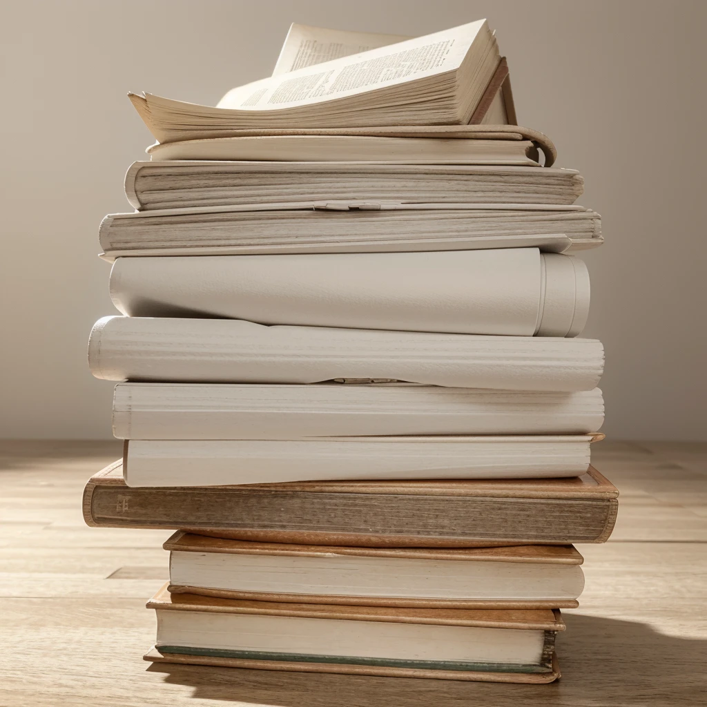 A detailed image of a stack of books, viewed from a low side angle, showing the spines and pages, high-resolution, photorealistic, background: 100% white