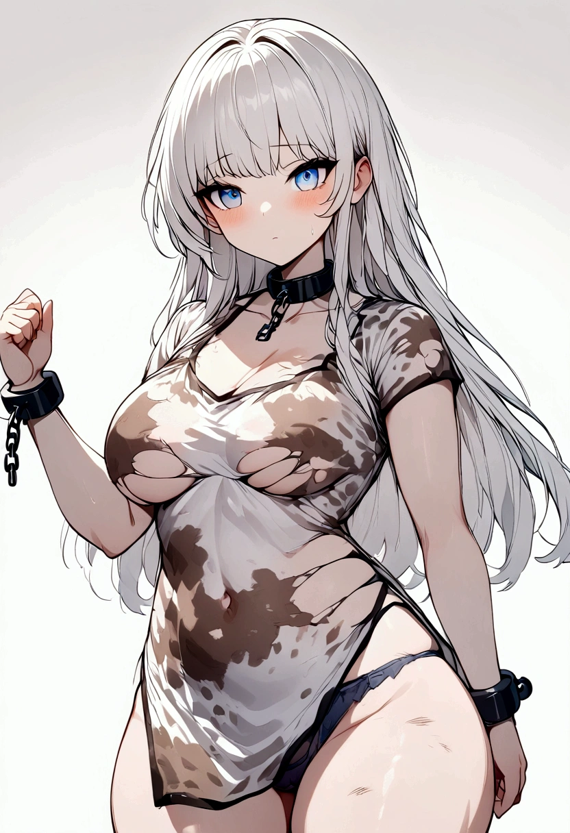 Anime. Girl. . Rabynch. Ssbbw. White hair. Long hair. Blue eyes. Beautiful eyes. Slave collar. Shackles. Dirty tunic. Dirty panties. Torn panties. Torn tunic. She wet herself and shit herself at the same time.