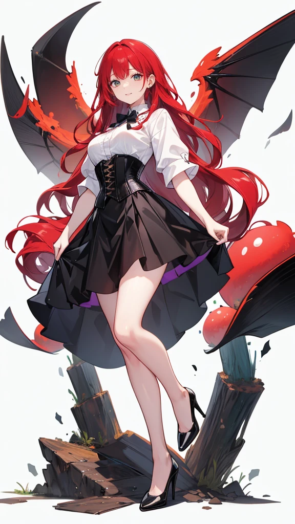 red Hair,long hair,Adult female,White Y-shirt,((Rolling up his sleeves)),(corset),(Black tight skirt),(High heels),((Simple white background)),smile,((whole body)),((full body)),