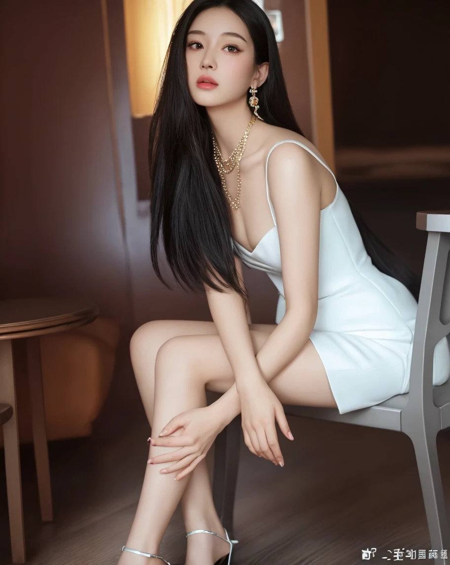 ((Hit the knee)), Red lips, Mature Woman, Exquisite makeup, National style, real、live-action、((Realistically:1.5))、White orchids around the hair,Lilac Dendrobium、White lily、1 girl、Brown Hair、Flowing hair、Ample breasts, The body is slim, Slim sexy legs, Attractive legs, Take a graceful pose, She has a very beautiful face、Hairpin on the head、Perfect hands、(night、moon、cliff)、 Vector art、Chinese contemporary art、Soft Light、Looking down