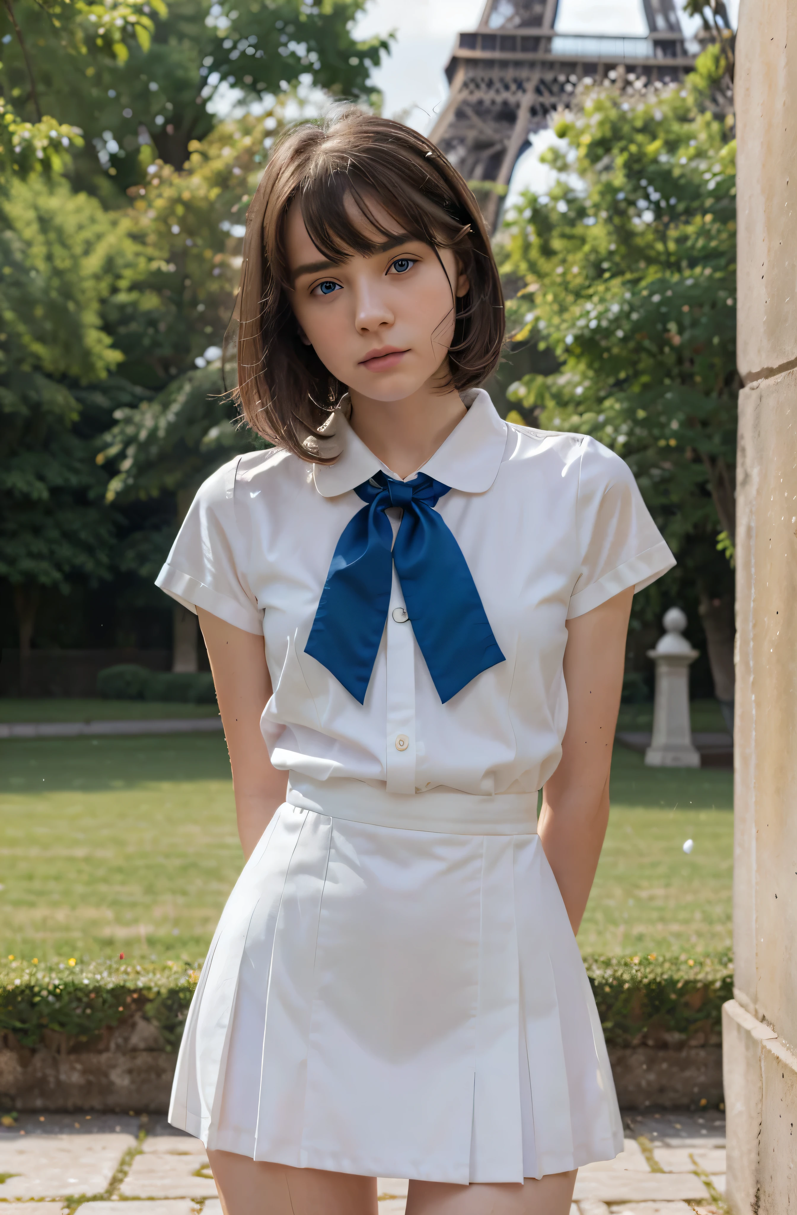 (best quality,hyper-realistic,ultra-detailed,8k), teenager, , shy, sad, paleness, big blue eyes, very white skin, small nose, very short brown hair with bangs, melancholy, delicate, feminine, skinny, elegant school blue uniform, red tie, brilliant day, garden of thousand white roses, rain, Eiffel tower, Pink silk laces.