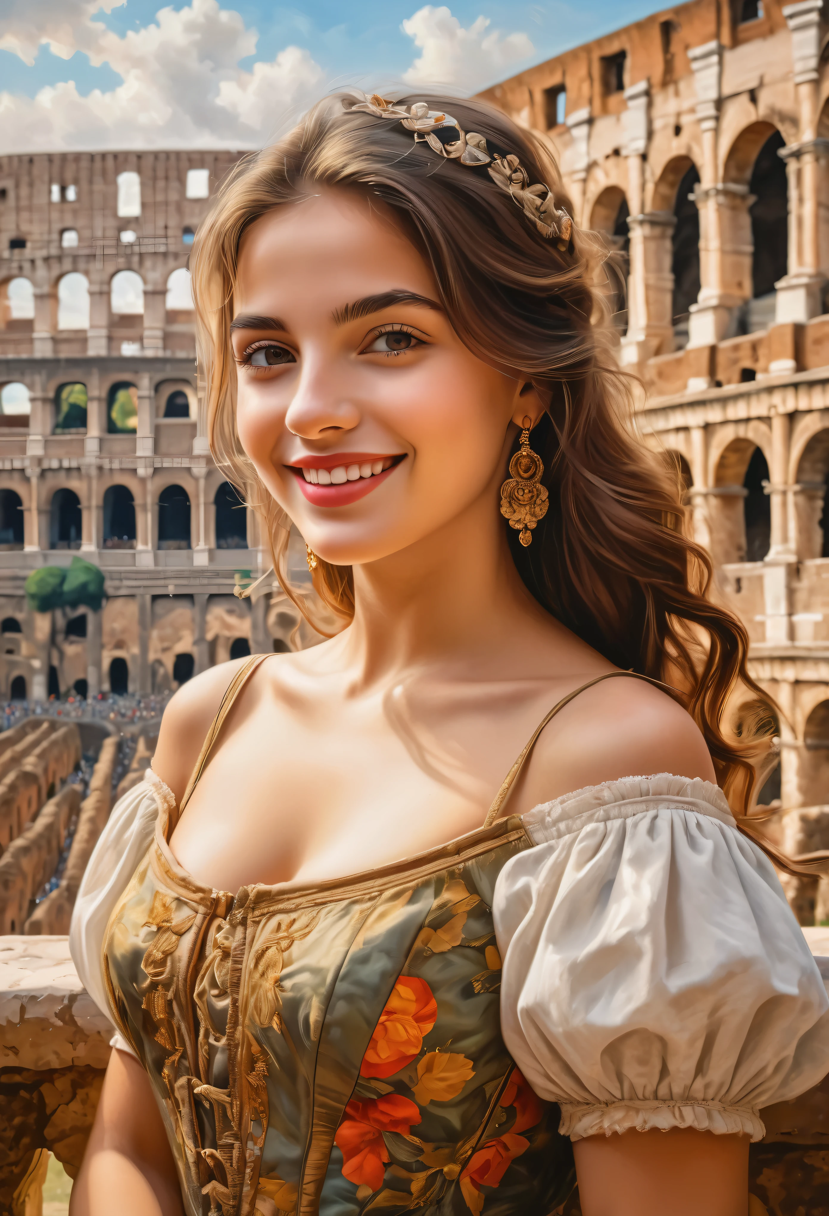 (best qualityer,high resolution:1.2),ultra detali,Historical portraits,beautiful detailed eyes,beautiful detailed lips,beautiful italian girls,15year old, Colosseum,memorable photo,traditional clothes,shoulder to shoulder,smiling faces,swirly vibrant colors,average:oil painting,soft natural light,classical composition,historic charm,Authentic Italian atmosphere,arquitetura impressionante,ancient ruins,romantic atmosphere,tourist attraction,Large scale,PANORAMIC scenery,Classic Poses,Emotional connection,happy moment,Genuine happiness