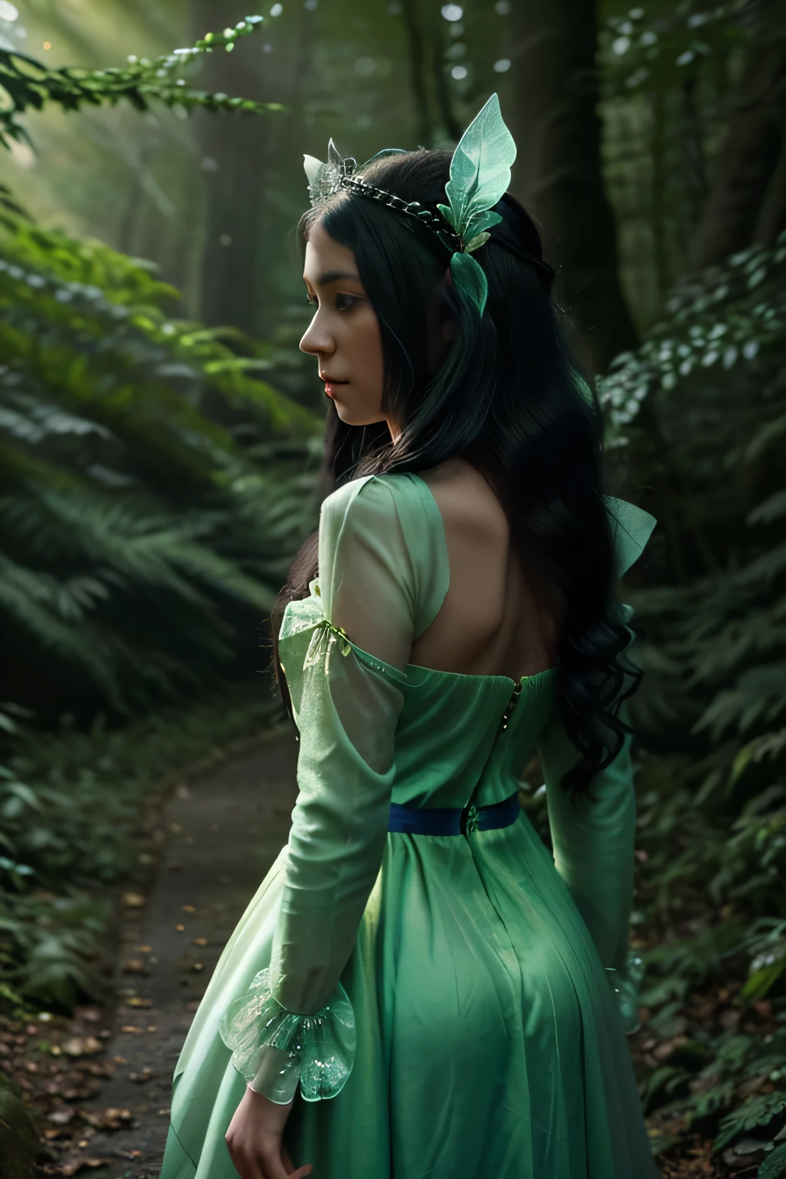 A fairy women with black long hair, wearing beautiful soft pastels green dress with a lot of unique detail, fairy ears, wearing tiara made by branch, walk away in the middle of magic Forrest with neon glowing leafs, walk away from the camera, back angle, cinematics lighting, ultra detailed, hyper realistic, 8k