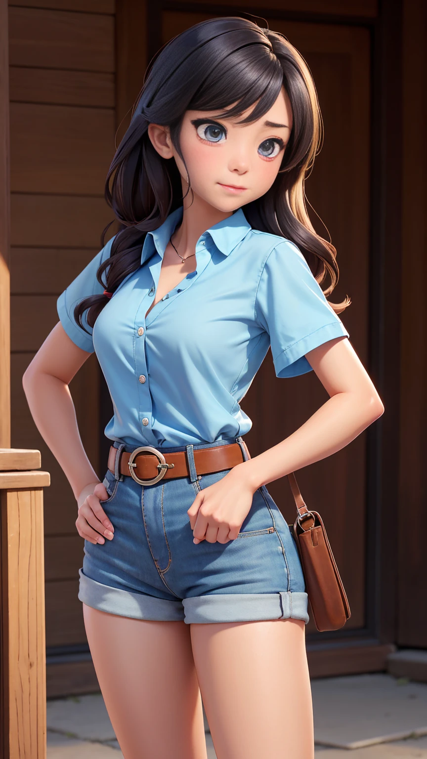 sexy, 灰色の目とsexyなポーズのスリムな女性, Dress in super hot shorts,Wear a short-sleeved cowboy shirt,Put a gun belt on your waist,Are crying