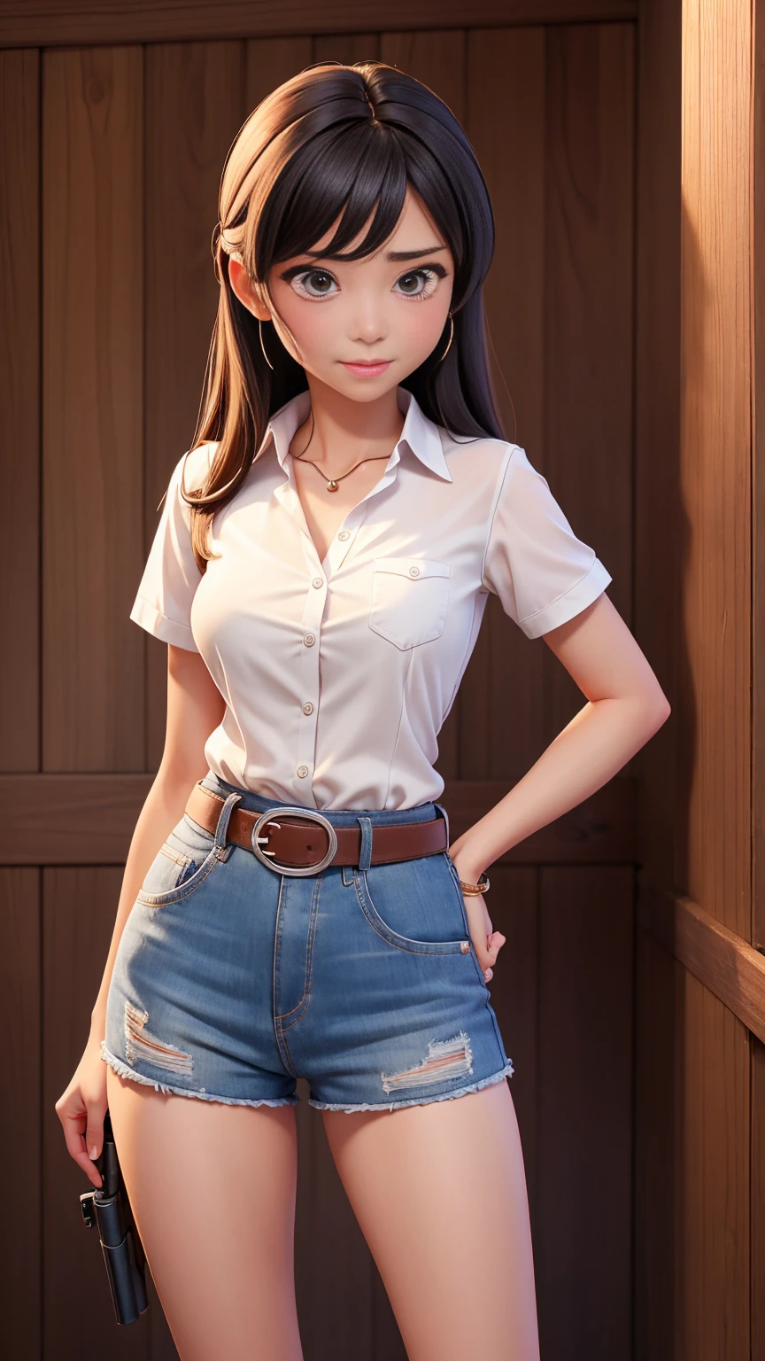sexy, 灰色の目とsexyなポーズのスリムな女性, Dress in super hot shorts,Wear a short-sleeved cowboy shirt,Put a gun belt on your waist,Are crying