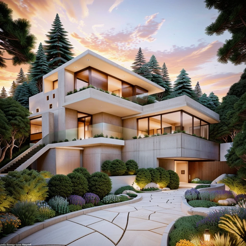 Raw photo, Masterpiece, best quality, authentic, super detail, The MODERN HOUSE is located on the upper hill, (curly pathway in front of the house), white wall, concrete, glass windows, wood ceilings, ((lighting in the garden)), ((big front yard)), court outside, rocky, in the middle Fall of pine forest, ((SUNSET))