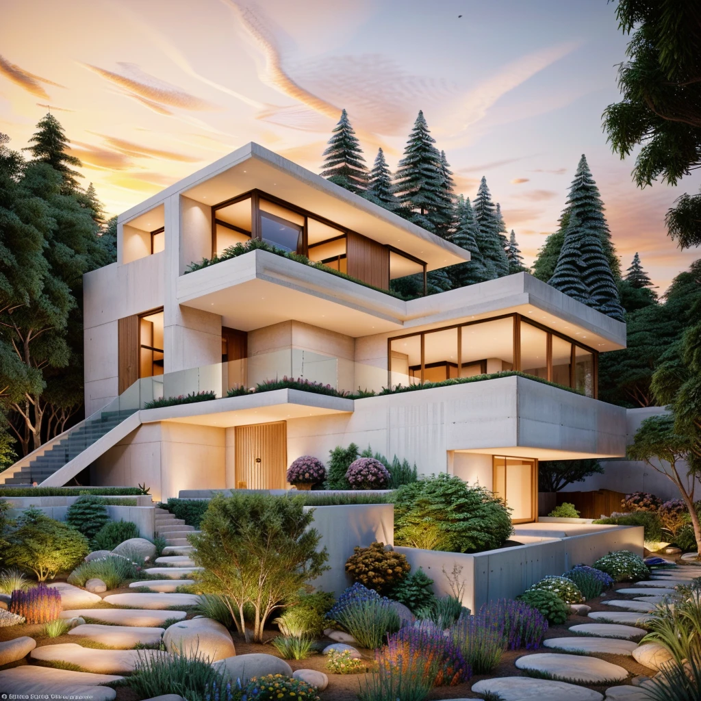 Raw photo, Masterpiece, best quality, authentic, super detail, The MODERN HOUSE is located on the upper hill, (curly pathway in front of the house), white wall, concrete, glass windows, wood ceilings, ((lighting in the garden)), ((big front yard)), court outside, rocky, in the middle Fall of pine forest, ((SUNSET))
