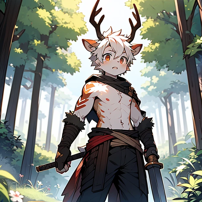 Shonen Shota，antlers，hairy，Deer tail，brown and white hair，Topless，Wearing semi-transparent underwear，Surrounded by trees, with a wooden sword on the waist，individual，There are blood stains around，Combat Status