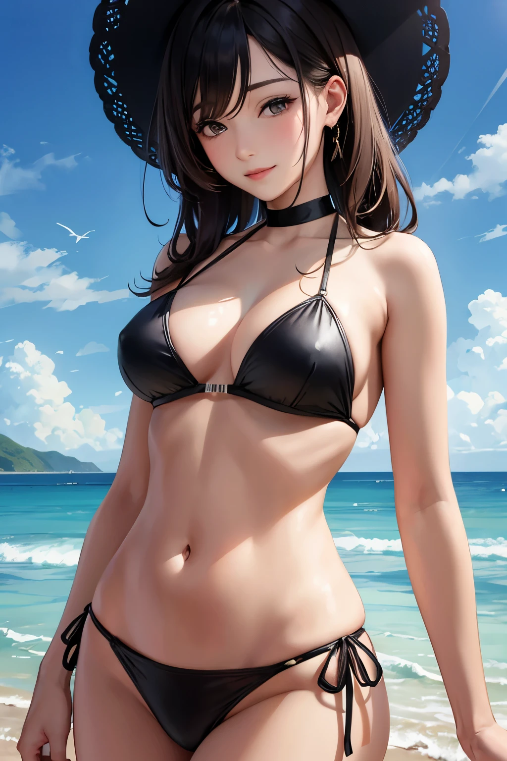 Under the scorching sun,
BREAK
A cute woman in a bikini is making peace on the beach. She has a mischievous smile on her face.
BREAK
The waves are crashing on the shore, and the water is sparkling.