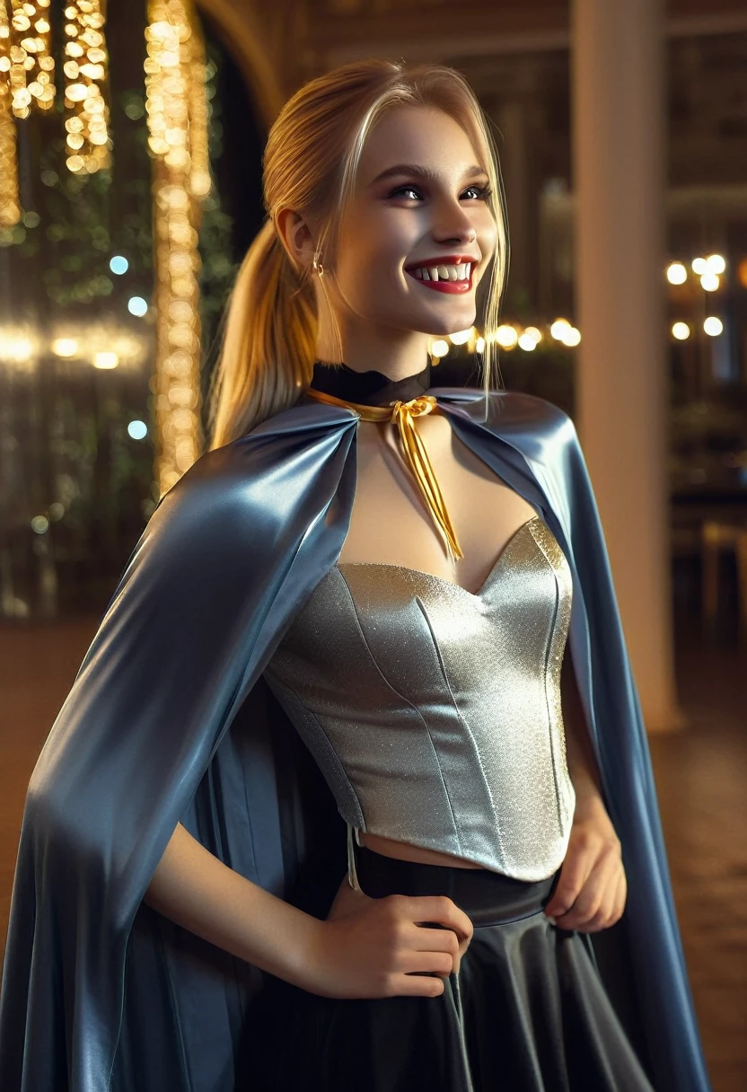 Vampyfangs1,(RAW photo) , 1girl, cute, 20 years old, long blonde hair in ponytail, smiling, look at viewer, ((((silver and gold lined satin cape tied at the neck)))+++, side spilt skirt , photo, realistic, best quality, hires, detailed face, detailed background, diffused lighting, depth of field, bokeh