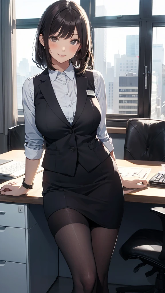 1lady sitting (crossed legs), office worker (stylish outfit), (gray vest) (pencil skirt), mature female, /(dark brown hair/) bangs, blush kind smile, (masterpiece best quality:1.2) delicate illustration ultra-detailed, large breasts, pantyhose BREAK (modern office indoors), window cityscape, detailed background