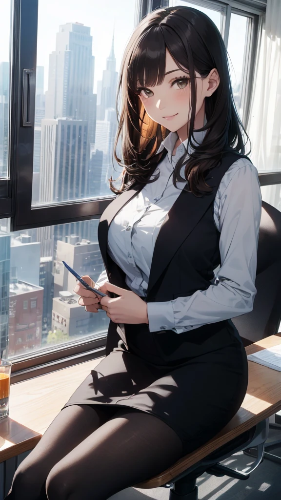 1lady sitting (crossed legs), office worker (stylish outfit), (gray vest) (pencil skirt), mature female, /(dark brown hair/) bangs, blush kind smile, (masterpiece best quality:1.2) delicate illustration ultra-detailed, large breasts, pantyhose BREAK (modern office indoors), window cityscape, detailed background