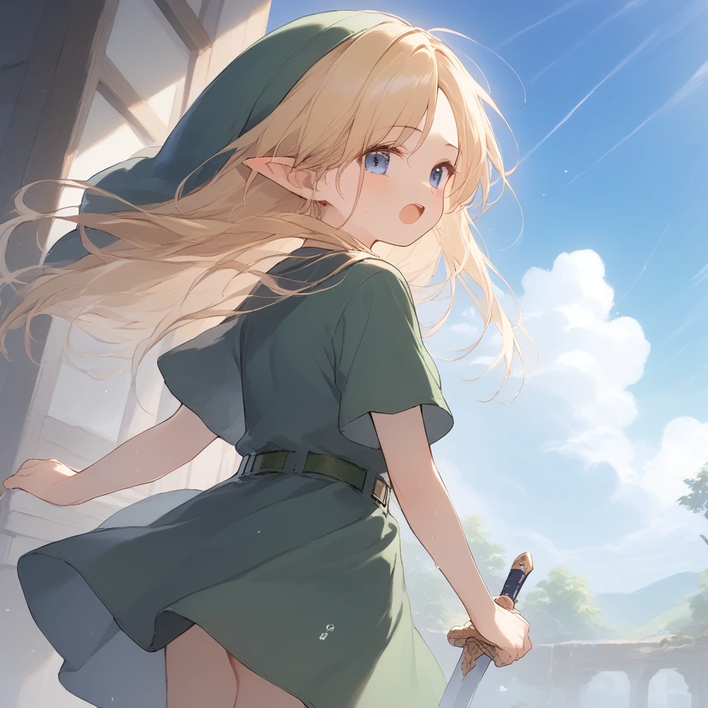 score_9, score_8_up, score_7_up, source_anime, best quality, masterpiece, official art, absurdres, highres, ultra-detailed,waifu2x,Collection: Slice of Life,break,1girl, YoungLink, small breasts, blonde hair, green tunic, pointy ears, hat, solo, blue eyes,green_headwear belt, sword, sweat, open mouth, (yawn:0.3), sleepily, outdoors, wind,break,(clear line illustration:1.2), super detailed skin,very high resolution, very aesthetic, Best sexual lighting powered by famous artist, 8k,cute picture,beauty illustration,photoshop_(medium),,(Detailed Lighting),best anime 8k konachan wallpaper, pixiv contest winner,