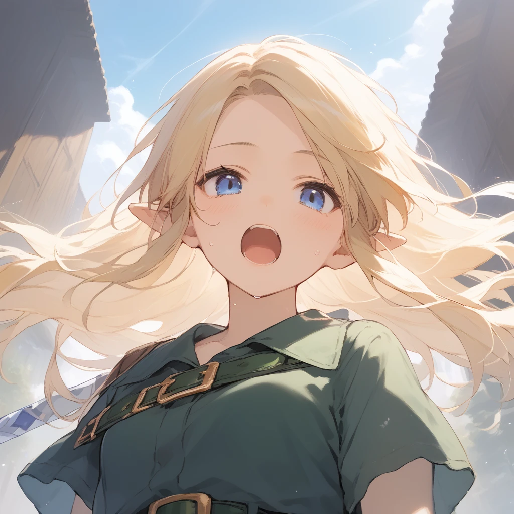 score_9, score_8_up, score_7_up, source_anime, best quality, masterpiece, official art, absurdres, highres, ultra-detailed,waifu2x,Collection: Slice of Life,break,1girl, YoungLink, small breasts, blonde hair, green tunic, pointy ears, hat, solo, blue eyes,green_headwear belt, sword, sweat, open mouth, (yawn:0.3), sleepily, outdoors, wind,break,(clear line illustration:1.2), super detailed skin,very high resolution, very aesthetic, Best sexual lighting powered by famous artist, 8k,cute picture,beauty illustration,photoshop_(medium),,(Detailed Lighting),best anime 8k konachan wallpaper, pixiv contest winner,