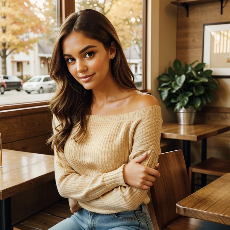 Generate captivating photographs of Autumn, the enchanting influencer, as she indulges in the seasonal delight of a pumpkin spice latte. Autumn, in her mid-20s, stands around 5'4" tall, with long, wavy chestnut hair gracefully draping over her shoulders. Her athletic hourglass figure, elegantly accentuated by a full bust, pairs beautifully with her flawless, sun-kissed tan. Autumn's expressive brown eyes radiate charisma, mirroring her relaxed and confident demeanor.
Autumn's cozy chic ensemble perfectly captures the essence of the season. She wears an alluring off-the-shoulder sweater in an inviting color, showcasing her neckline and collarbone. Paired with snug-fitting, high-waisted jeans, this ensemble highlights her figure with sophistication.
The charming, rustic coffee shop setting immerses Autumn in the warmth of fall, adorned with autumnal decor that enhances the cozy ambiance. Soft, diffused lighting envelops her in a golden glow, creating an inviting atmosphere. The surroundings include cozy seating, rustic wooden tables, and the rich aroma of freshly brewed coffee, all capturing the essence of Autumn's delightful pumpkin spice latte experience.
In candid moments, Autumn enjoys her latte, lost in thought while gazing out of the window or sharing a bright smile. The photos capture the coziness and tranquility of the coffee shop, reflecting the joy of sipping a warm, whipped cream and cinnamon-topped beverage. Natural lighting enhances the inviting atmosphere, bringing to life the essence of Autumn's heartwarming coffee moments.
With intense makeup, a cozy atmosphere, and features that are meticulously symmetrical, the photos embrace photorealistic techniques like path tracing, specular lighting, volumetric face light, path-traced hair, visible shadows, and intricate details. This creates an elaborate and hyper-realistic portrayal of Autumn's heartwarming pumpkin spice latte moments.