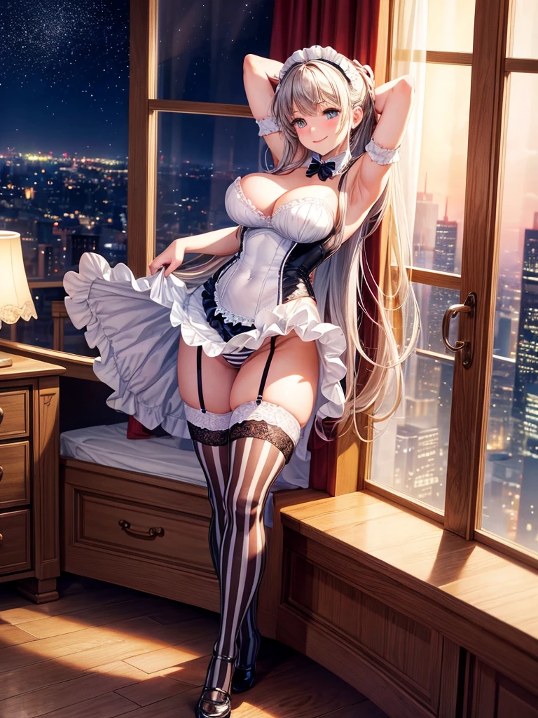 Highest quality,Highest Resolution,Beautiful girl with a smile in a super high leg maid leotard,,Knee-high striped stockings,Frills,garter belt,Bedroom,Night view outside the window,Standing posture,front,whole body,Place your hands behind your head.,