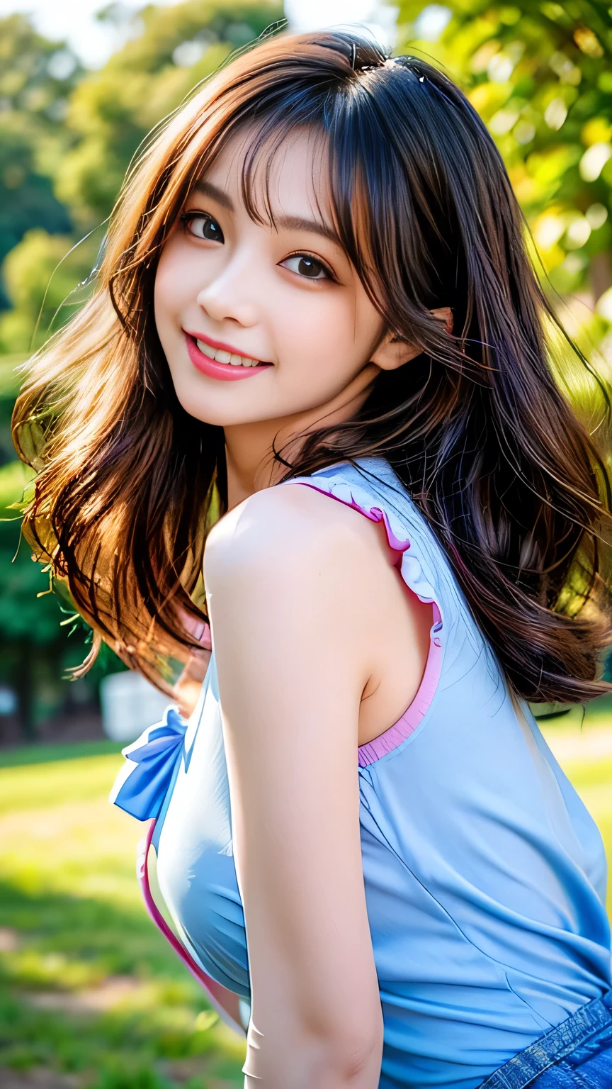 (best quality, 32k, high resolution, masterpiece:1.5, ), in_, God々A dazzling、Healing photos., Evokes a calm and elusive sense of beauty, Express emotions, Have a rich imagination,Beautiful Japanese Girl, An exceptionally beautiful face, Small face beauty, Perfect human anatomy, Magical big eyes, Motherly love and generosity, Deeply loved, A fleeting smile, ((Rainbow gradient hair:1.1)), ((Extra long straight hair:1.1)), Asymmetrical bangs, Hair between the eyes, transparent, Soft and fair skin, Eyebrows, Sparse eyelashes, Natural Makeup, Blush, Light pink lips with details, ((Light blue floral dress:1.3)), high resolutionの完璧な鎖骨, high resolutionの美しい胸元, fit，Full breasts, high resolutionの美しい太もも, ((Detailed blue sky background:1.2)), Professional lighting, Professional photographer, Professional Model, God秘的