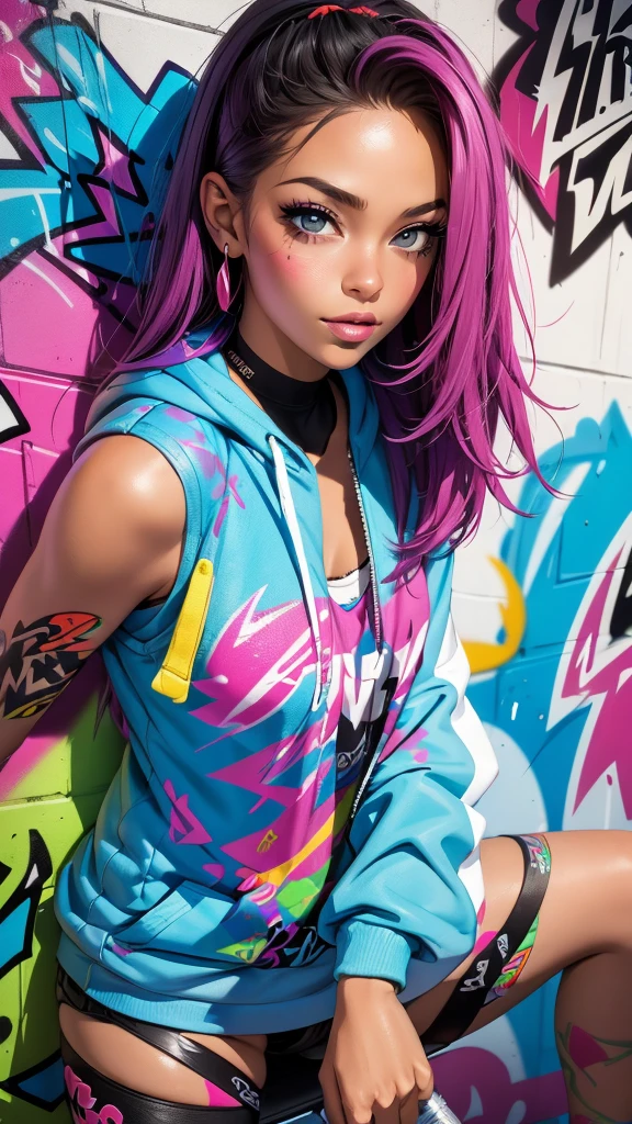 (best quality), (high detail), (vivid colors), (graffiti style), (freestyle), (Close up), (1girl), young sexy female graffiti artist, spraying graffiti on a wall painted with street art, HDR, 8K, 3D, graffiti art style.