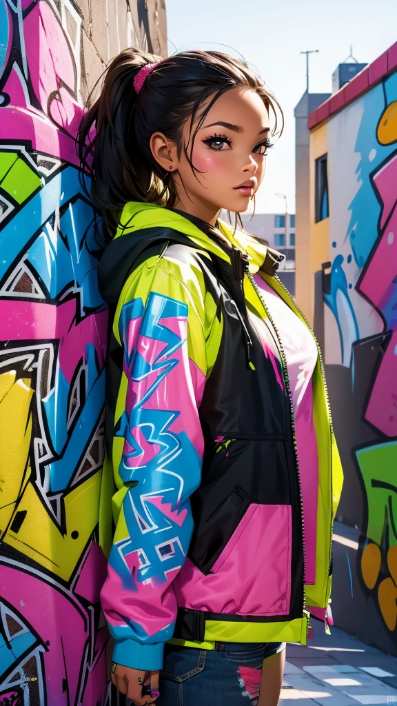 (best quality), (high detail), (vivid colors), (graffiti style), (freestyle), (Close up), (1girl), young sexy female graffiti artist, spraying graffiti on a wall painted with street art, HDR, 8K, 3D, graffiti art style.