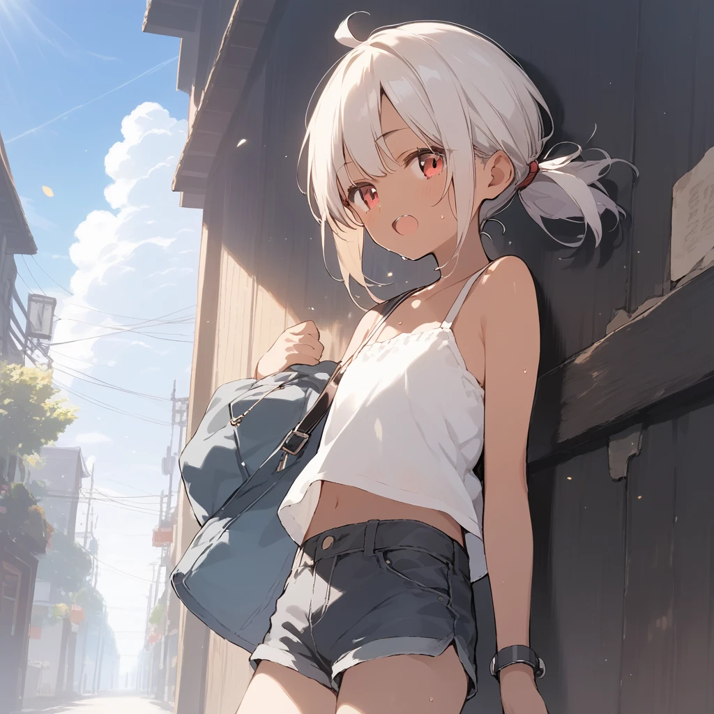 score_9, score_8_up, score_7_up, source_anime, best quality, masterpiece, official art, absurdres, highres, ultra-detailed,waifu2x,Collection: Slice of Life,break,1girl, tomboy, dark-skinned female, short hair, low ponytail, flat chest, beautiful detailed eyes, short shorts, sweat, open mouth, (yawn:0.3), sleepily, outdoors, wind,break,(clear line illustration:1.2), super detailed skin,very high resolution, very aesthetic, Best sexual lighting powered by famous artist, 8k,cute picture,beauty illustration,photoshop_(medium),,(Detailed Lighting),best anime 8k konachan wallpaper, pixiv contest winner,