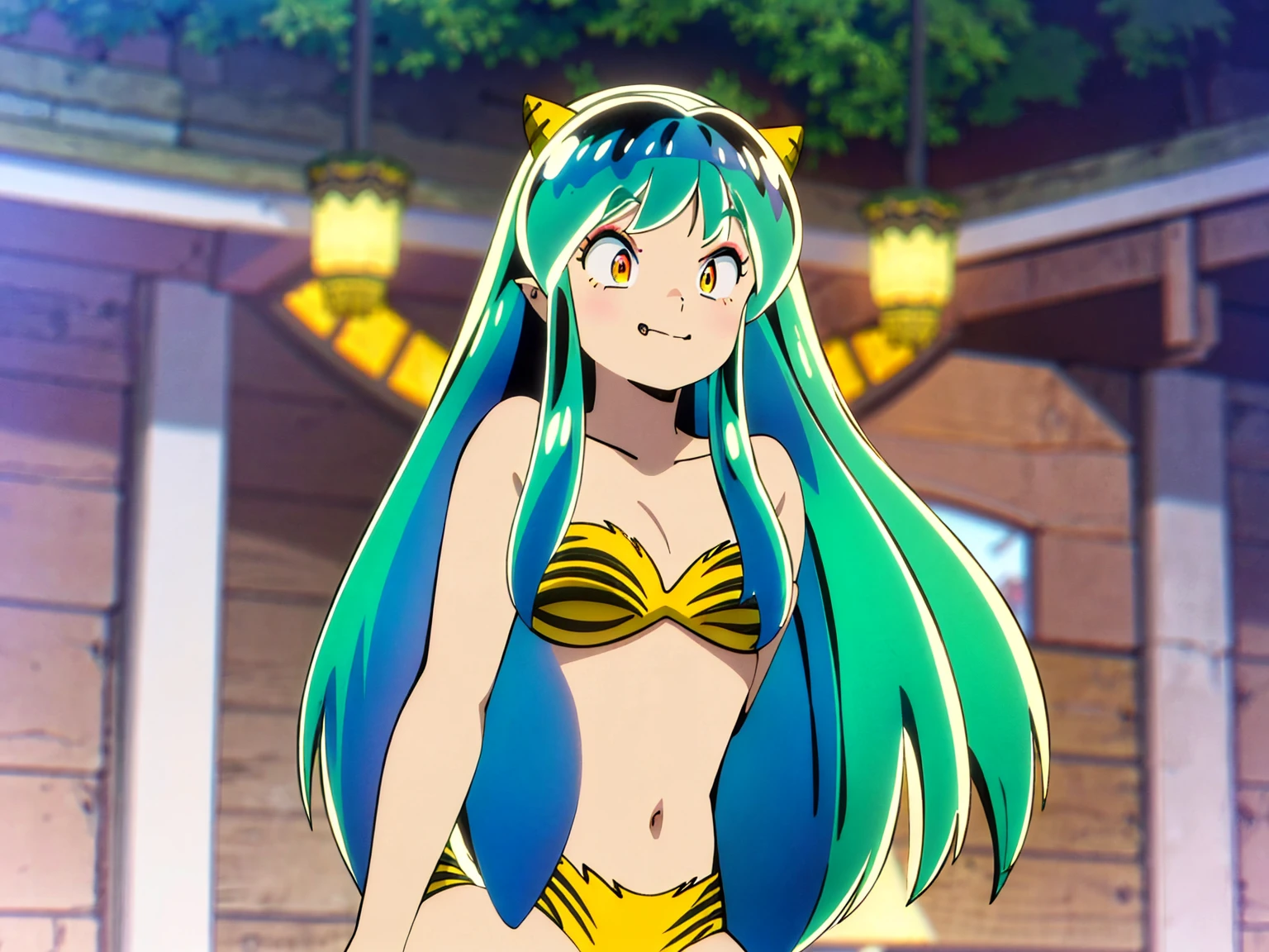 Tabletop, Highest quality, Ultra-high resolution, Highest quality, Anime Style, Alien Girl, They are, 17 years old, Attractive girl, Long Green Hair, Yellow horn, Ram, Ram_Bikini, Yellow tabby bikini, A carefree smile, Animated facial expressions, Face Focus, close, squatting, pov