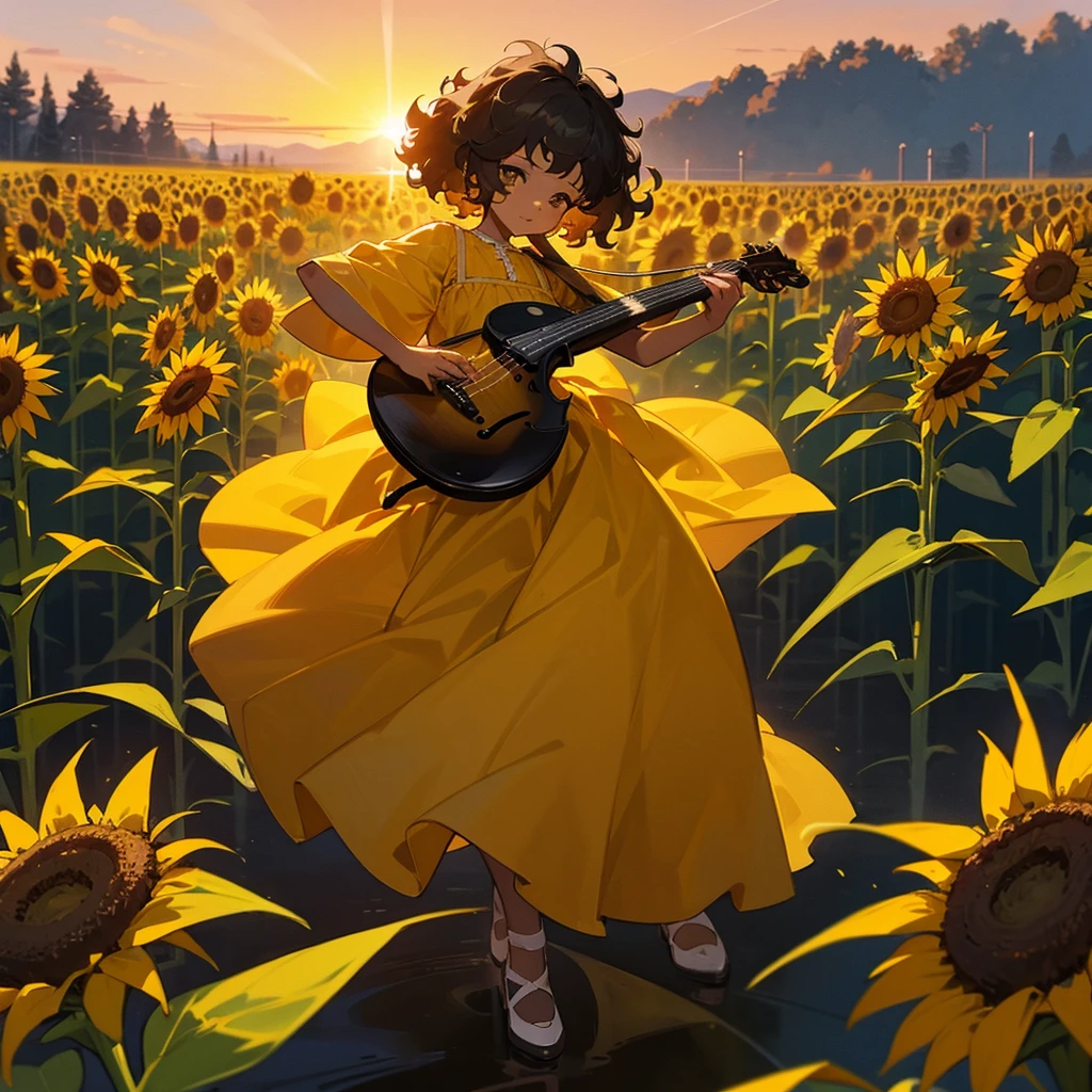 Black girl between 4 and 6  with afro hair, with yellow dress, playing the violin in a field of sunflowers at sunset 