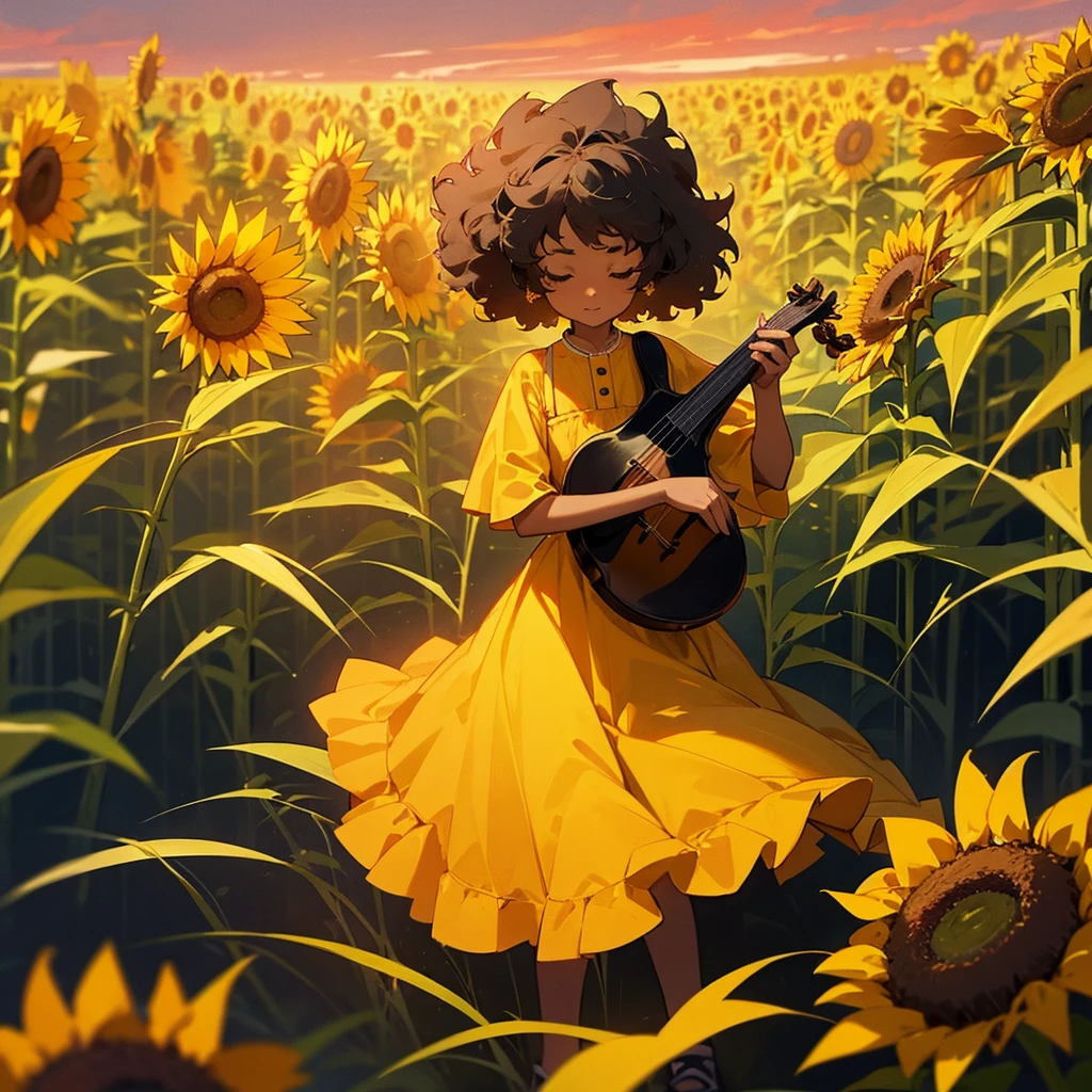 Black girl between 4 and 6 years old with afro hair, with yellow dress, playing the violin in a field of sunflowers at sunset
