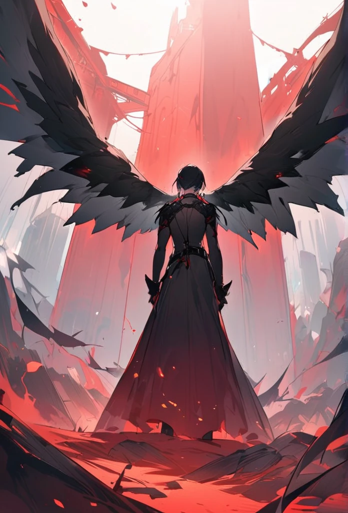 man,I have black hair,red eyes,It has black wings.,Standing amid the red mist,Beautiful view,High quality