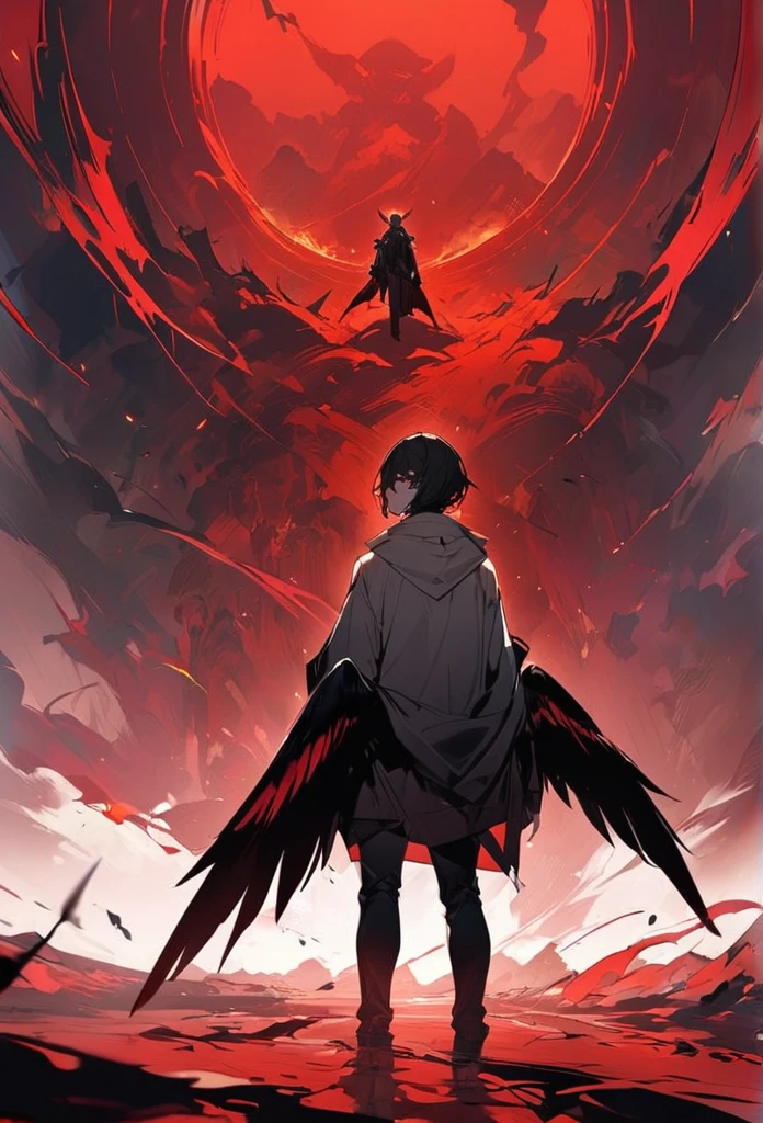 man,I have black hair,red eyes,It has black wings.,Standing amid the red mist,Beautiful view,High quality