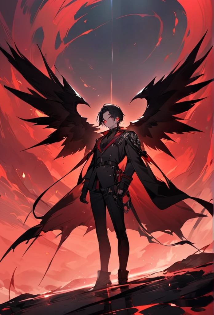 man,I have black hair,red eyes,It has black wings.,Standing amid the red mist,Beautiful view,High quality