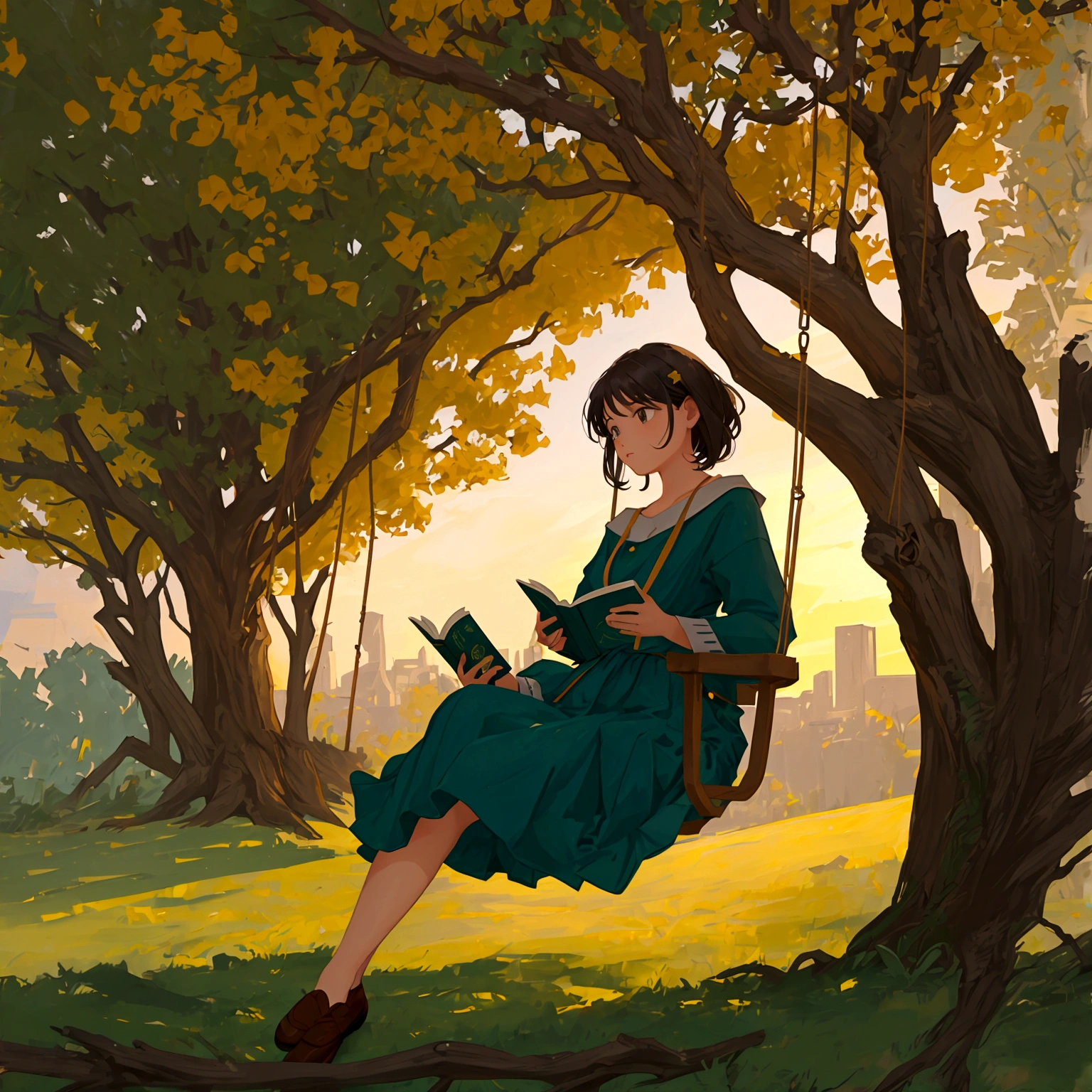a girl sitting on a swing reading a book at dusk, reading under a tree, opening scene, movie promotional photo, the aesthetics of storytelling, children's literature, magical scene