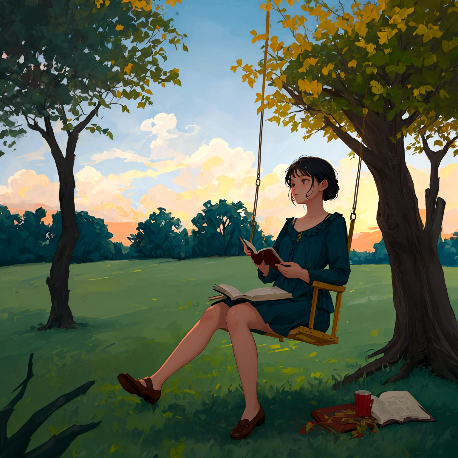 a girl sitting on a swing reading a book at dusk, reading under a tree, opening scene, movie promotional photo, the aesthetics of storytelling, children's literature, magical scene