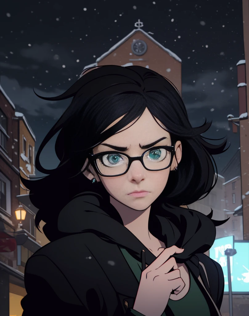 Best quality, volumetric lighting, cinematic lighting, masterpiece, ultra high res, 4k, (soft round detailed face), (sad expression), (detailed green eyes), bags under eyes, thick eyebrows, depressed, melancholy, (wearing rounded glasses), (very pale light skin), detailed black hair, ((long messy greasy hair)), (plain black hoodie), black stud earrings, black nail varnish, unwashed, unkempt, disheveled, sodium streetlamps, midnight, dark clouds, London, snow